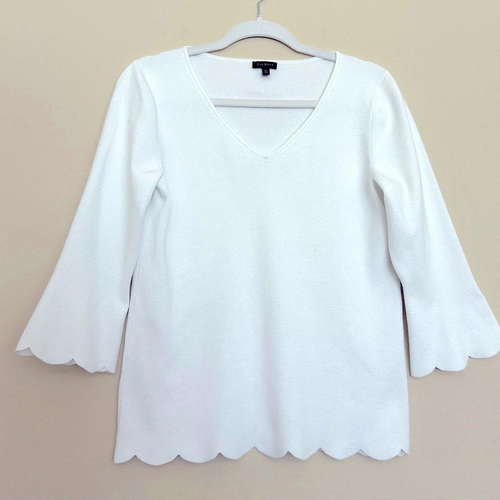 Talbots Women’s White Bell Sleeve Blouse with Scalloped Hem